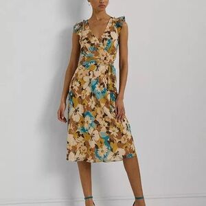 Ralph Lauren Floral Midi Dress in Blue and Tan